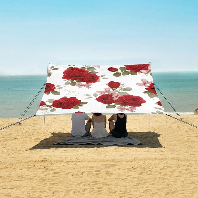 ALAZA Rose Bow Flowers Floral Beach Tent Sun Shelter UPF50+ Protection Beach Shade Canopy w/ 4 Sandbags for Outdoor Camping Fishing Backyard Fun Picnic 10x9 ft