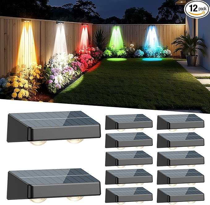 Fence Solar Lights Solar Fence Lights Outdoor Waterproof Led Warm/Cool White and RGB Colors Changing Outside Wall Lights for Yard Garage Backyard Railing Step Patio Pool - 12Pack