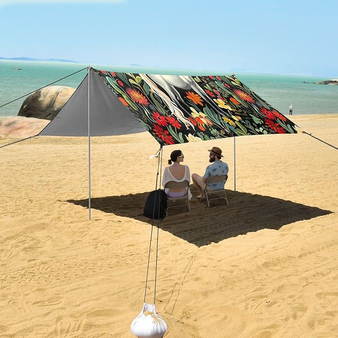 Horses in Flower Beach Tent Sun Shelter 9.2' x 10.5' Beach Canopy with 4 Sandbags 4 Stability Poles Sand Shovels - Tent Canopy for Beach Camping Fishing Picnics