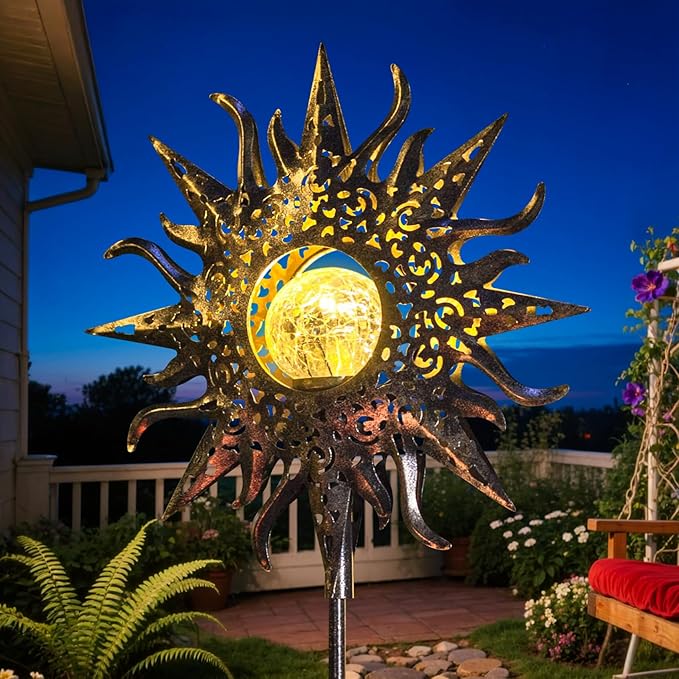 HOMEIMPRO Large Sun Solar Garden Decor Lights Outdoor Garden Gifts Mom Dad Crackle Glass Metal Stake Backyard Decor Waterproof LED Lights for Lawn Patio Ornaments Mothers Day Gifts for Women