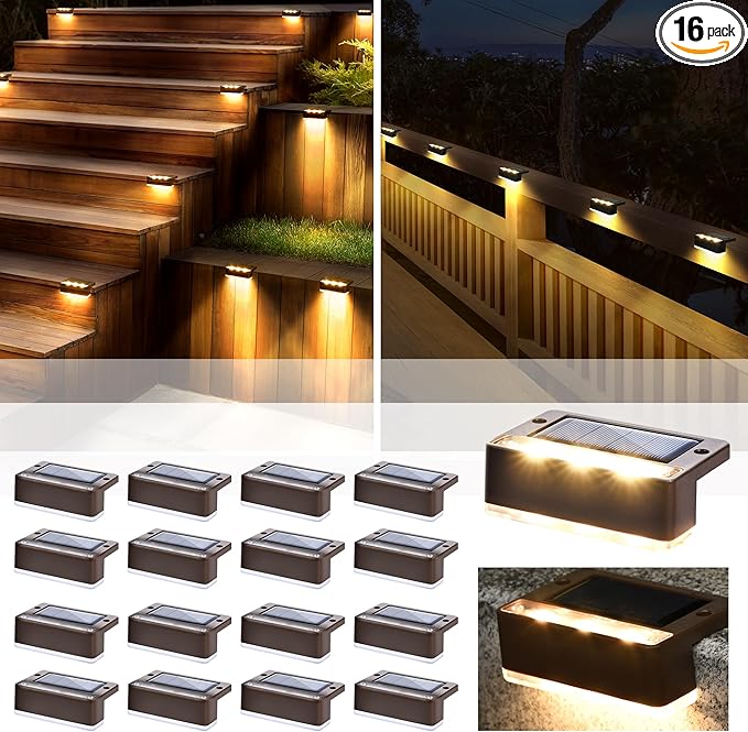 SOLPEX Solar Fence Lights 6 LEDs Solar Lights Outdoor Waterproof Solar Powered for Deck Stair Front Porch Balcony Walkway Garden Yard Patio Pool Decor IP65 Waterproof (16 Pack Warm White)