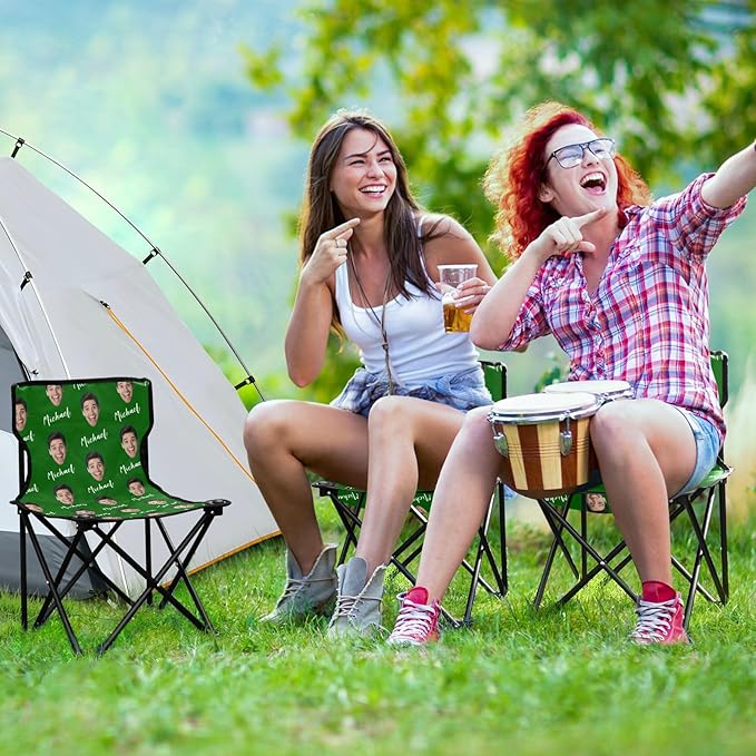 Sinestour Green Custom Photo Folding Camping Chair for Teen Child Personalized Name 14.6×14.6in Portable Outdoor Chair with Carry Bag for Barbeques Picnic Travel