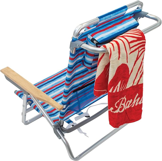 Tommy Bahama 2-Pack 5-Position Classic Lay Flat Backpack Beach Chair with Cooler and Cup Holder Portable Folding Beach Chair for Tanning Red/White/Blue