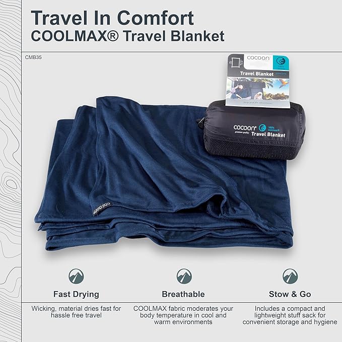 cocoon - Coolmax Travel Blanket | Compact Throw Blanket for Camping and Hiking | Fits in Backpack | Attaches to Luggage | Travel Essential | Fast Drying (Regular 70 x 55)