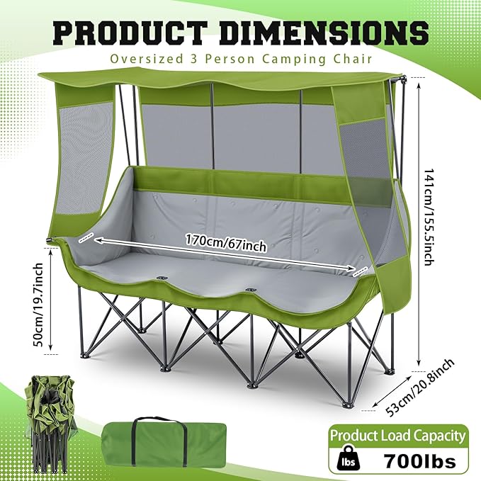 3 Person Camping Chair with Canopy Shade 700lbs Heavy Duty Oversized Beach Camping Chair with Thick Cushion Cup Holder and Carry Bag Foldable Portable Sofa for Lawn Beach Outdoor(Green)