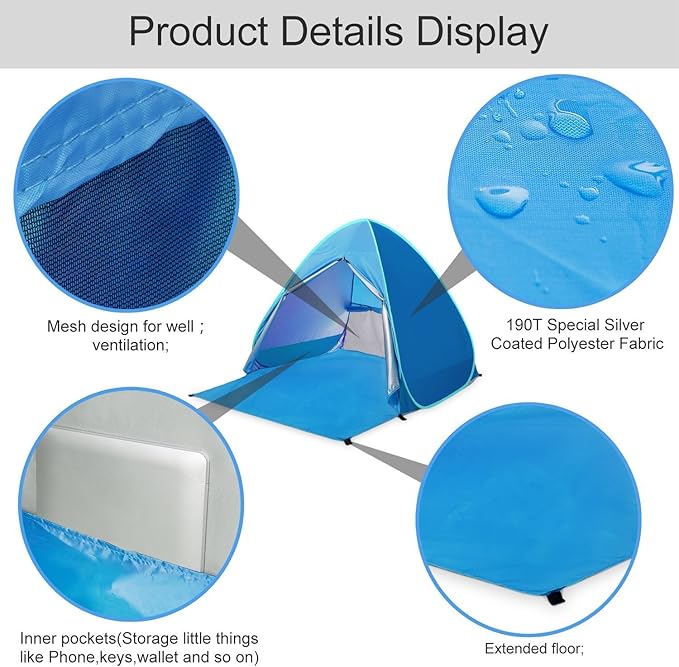 Automatic Pop Up Beach Tent Instant Portable Quick Sun Shelter for 2-3 Persons (Blue)