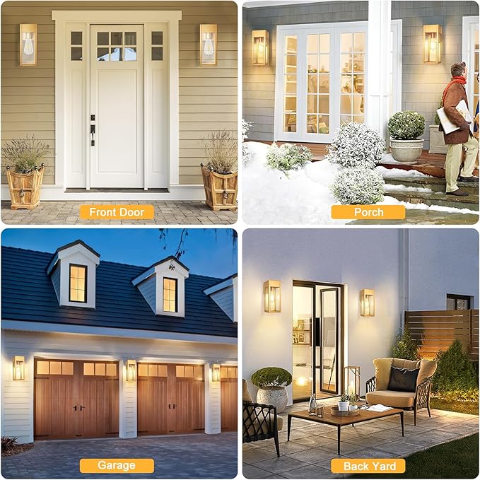 2 Pack Porch Lights Outdoor Wall Sconce Outdoor Light with GFCI Outlet Waterproof Exterior Wall Lantern Light Fixtures Anti-Rust Wall Lamp with Clear Glass for Patio Doorway Garage- Gold