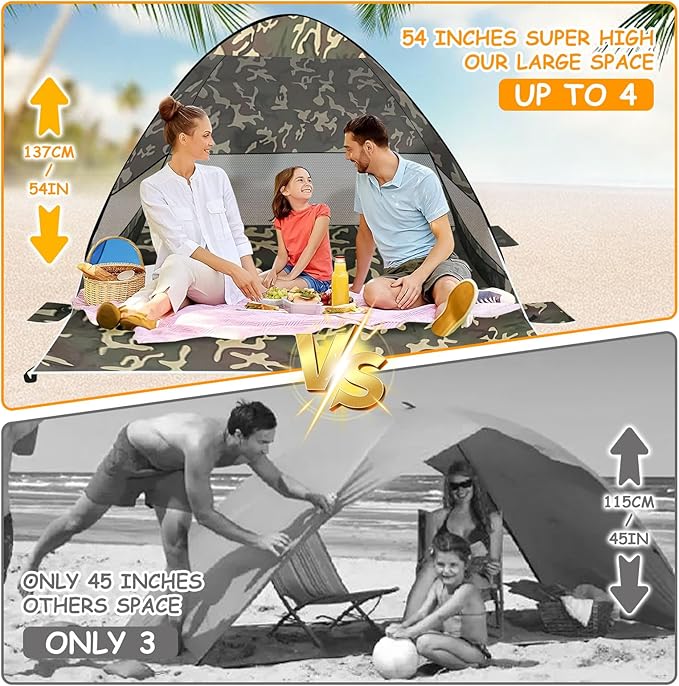 Beach Tent Sun Shelter Outdoor Tent for 1-4 Persons with Carrying Bag and 6 Ground Pegs for Family Outdoor Adventures Camping Picnics (Camouflage)