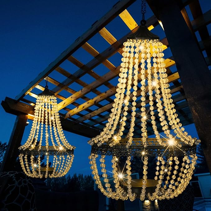 Hanging Solar Lantern Outdoor 28” Modern Clear Crystal Acrylic Chandelier with 30 Warm White Lights S Hook for Garden Yard Patio Gazebo Decorations
