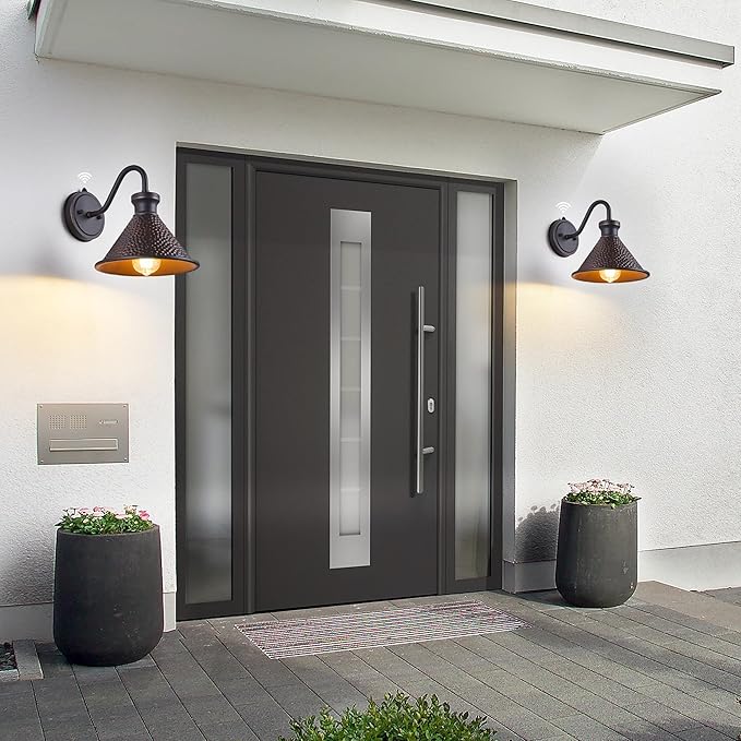 2 Pack Dusk to Dawn Outdoor Wall Light Fixtures Photocell Sensor Exterior Sconce Light with Cast Hammered Aluminum Shade Outside Wall Mount Lamp for House Patio Garage Entryway Doorway