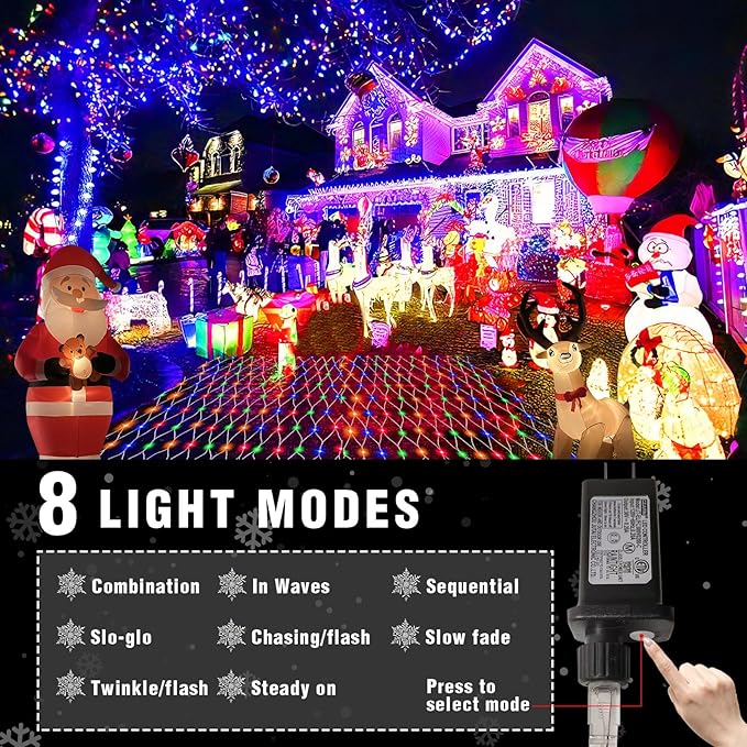 (Upgraded) Outdoor Christmas Lights 360 LED Sturdy Christmas Net String Lights 12x5Ft 8 Light Modes Christmas Decoration Lights for Backyards Gardens Bushes Lawns Patio New Year - Multicolored