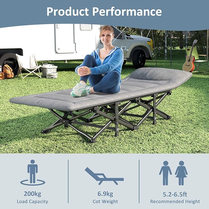 Camping Cot Folding Cot Bed for Adults with Built-in Mattress and Pillow Portable Outdoor Sleeping Cot for Camping and Travel with Carry Bag Grey Max Load 450 LBS