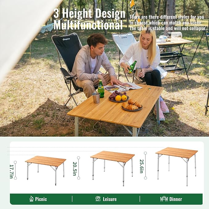 KingCamp Oversized Camping Folding Chair Heavy Duty 450 LBS with Bamboo Folding Table Portable Picnic Camping Table with Carry Bag