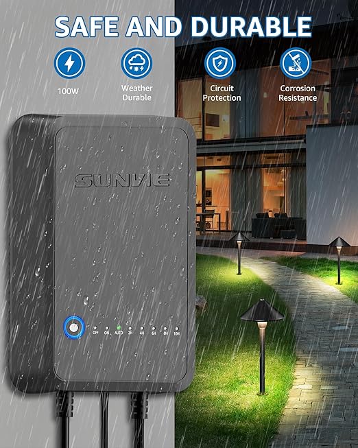SUNVIE 100W Low Voltage Landscape Transformer Weatherproof Low Voltage Transformer with Photocell &amp Timer 120V AC to 12V DC Landscape Lighting Transformer for Outdoor Spotlights Path Lights Step L