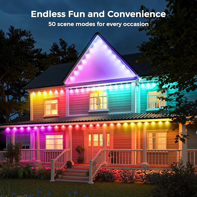 LunaSync Permanent Outdoor Lights 150ft RGBIC Smart LED Eaves Lights with App &amp Remote Control IP67 Waterproof 50 Scene Modes for Christmas Holiday Pool Party &amp Daily Decor
