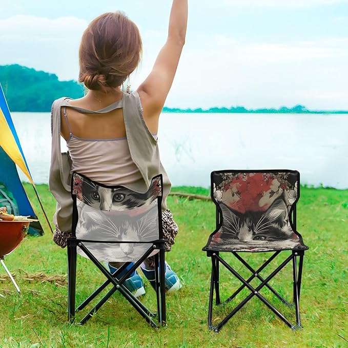 Elegant Cat Portable Camping Chairs Folding Chair - Durable Oxford Fabric Lightweight Iron Frame Easy Fold Design - Ideal for Outdoor Activities Camping Fishing and Travel