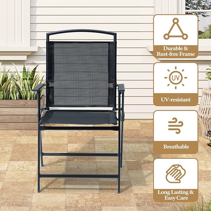 Crestlive Products Patio Folding Chairs Set of 4 Foldable Outdoor Chairs with Durable Rust-Resistant Frame and Breathable Textilene Material for Outside Black