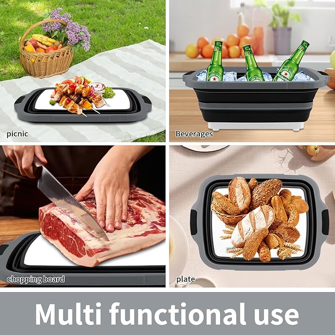 2-Pack XL Collapsible BBQ Prep Tub with Built-In Cutting Board Lid &amp Strainer (4.22 Gal / 16L) – Marinate Drain &amp Prep – Perfect for Grilling Smoking &amp Outdoor Cooking-Black