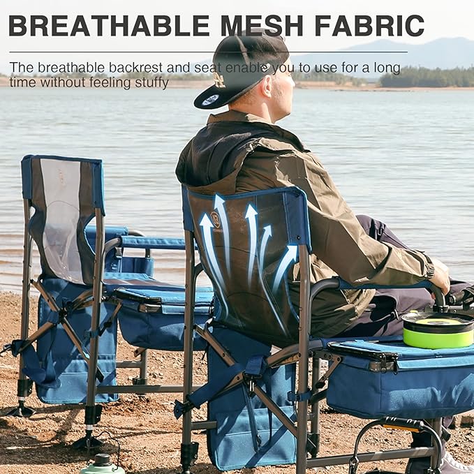 EVER ADVANCED Fishing Chair with Rod Holder and Cooler All Terrain Ice Fishing Chair with Adjustable Feet Mesh Back Folding Camping Chair with Shoulder Strap Heavy Duty Supports 350LBS