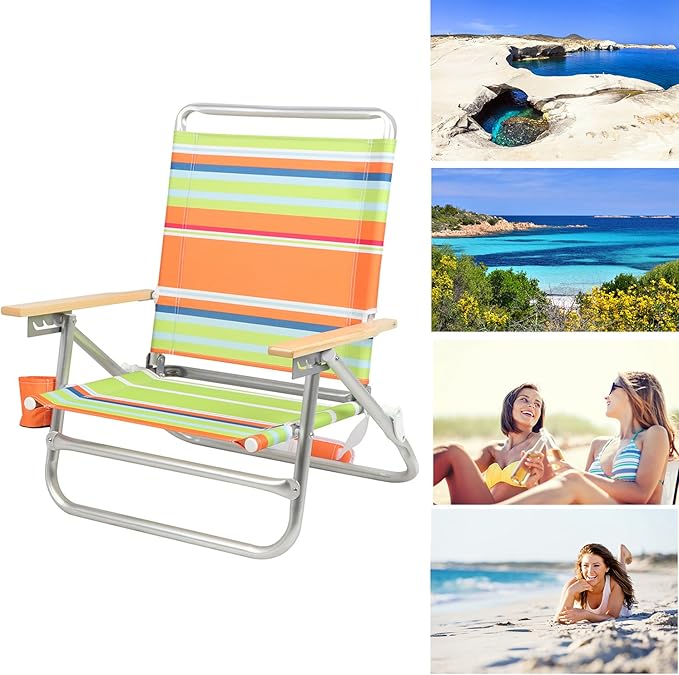 Portal Beach Chair 4 Position Folding Beach Chairs with Backpack Straps Lightweight Low Beach Chairs for Adults Support up to 225 lbs Green