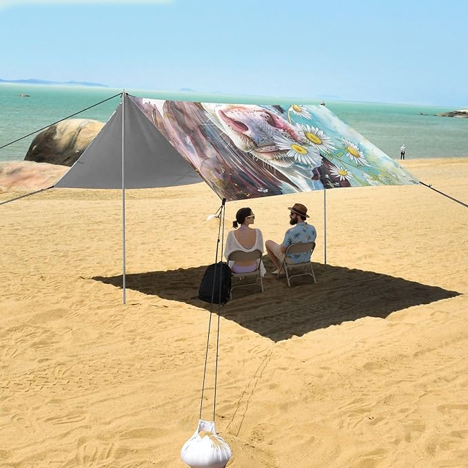 ALAZA Watercolor Cows with Chrysanthemum Farm Animal Portraits in Their Mouths Beach Tent Sun Shelter UPF50+ Protection Beach Shade Canopy w/ 4 Sandbags for Outdoor Camping Fishing Backyard Fun Pic