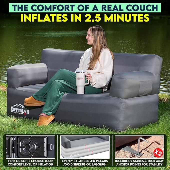Pittman - Inflatable Couch with Built in Pump for Outdoors &amp Indoors - Blow Up Couch for Camping Glamping or Home use has Heavy Duty Puncture Resistant Fabric for Inflatable Sofa Comfort &amp Du