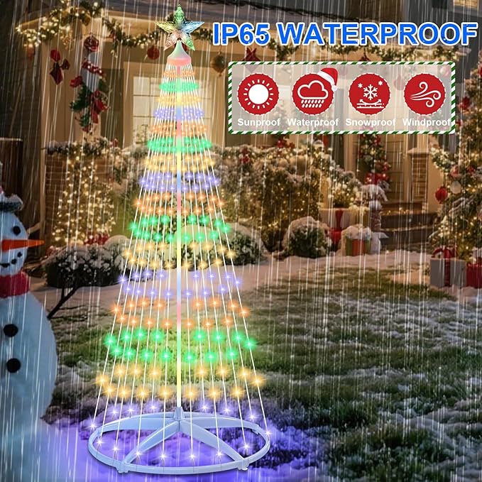 6ft Solar Powered Christmas Cone Tree Lights with Star Topper Outdoor Christmas Tree with 11 Modes Timer Remote Dimmable Waterproof for Yard Holiday Christmas Decoration Warm White &amp Multicolo