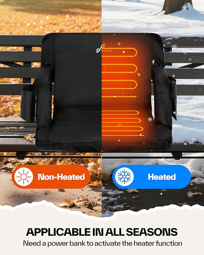 Sportneer Heated Stadium Seats with Back Support: 6 Adjustable Angles Extra Wide Bleacher Seat with Dual Heating Zones - 2.5 Padded Stadium Seats for Sports Outdoors(Power Bank Not Included)
