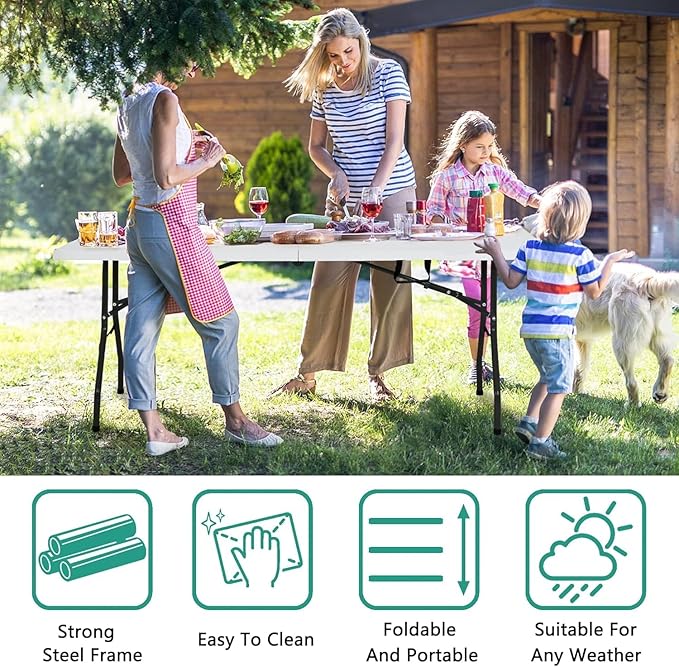 6ft Folding Table - Heavy Duty Portable 6 Foot Plastic Table with Fold-in-Half Design &amp Carry Handle Indoor Outdoor Utility Table for Dining Camping Parties Picnics Tailgating (6FT White)