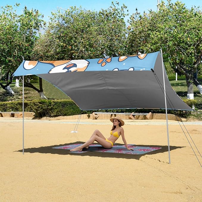 Cute Shiba Inu Paws Bones Camping Sun Shelter Beach Tent Portable Beach Sun Shade Outdoor Canopy for Camping Trips Fishing Picnic