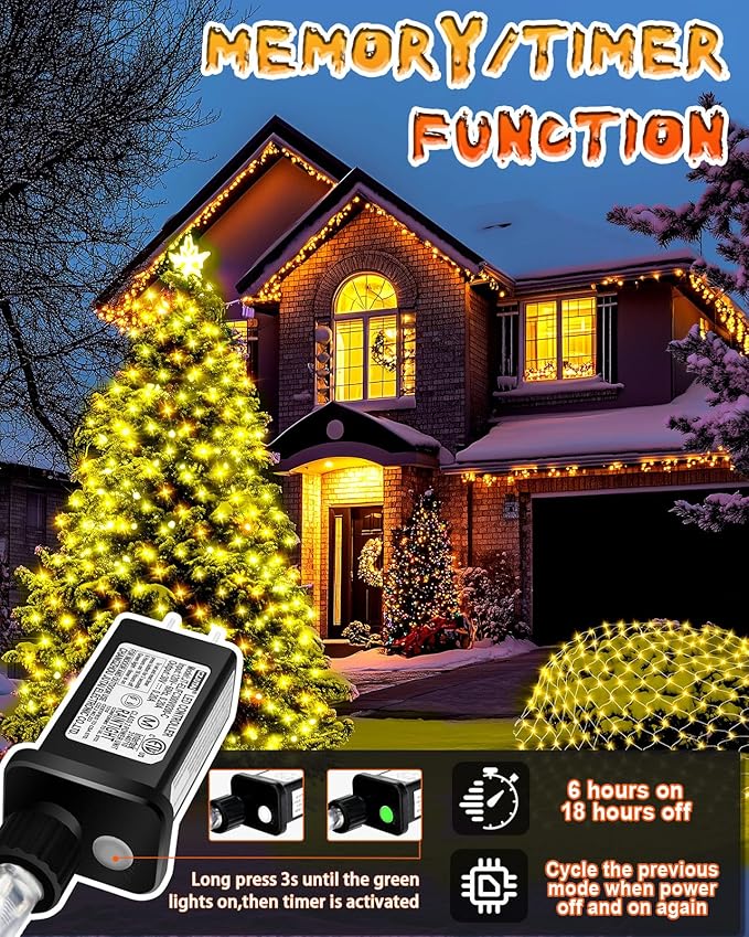 Coroor Christmas Net Lights 12ft x 5ft 360 LED Outdoor Mesh Lights with 8 Modes Waterproof Bush String Lights for Home Garden Yard Xmas Decorations Connecable Timer (Warm White)