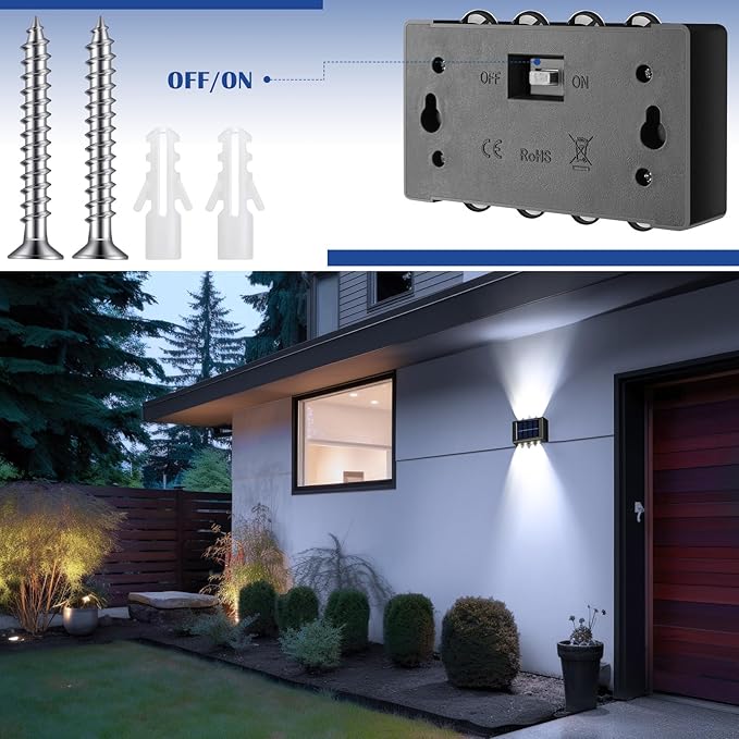 8 Pack Solar Wall Lights for Outside 6000K Cold Solar Fence Lights Up and Down LED Autumn Outdoor Decorative Waterproof Lamps Dusk to Dawn LED Lighting Wall Sconces for Outside Deck Garage