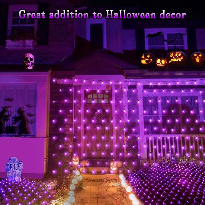 BlcTec Halloween Net Lights 200 LED 8.4ft x 5.2ft Purple Halloween Lights with 8 Modes Timer Connectable Waterproof and Green Wire Design for Trees Bushes Outdoor Decorations