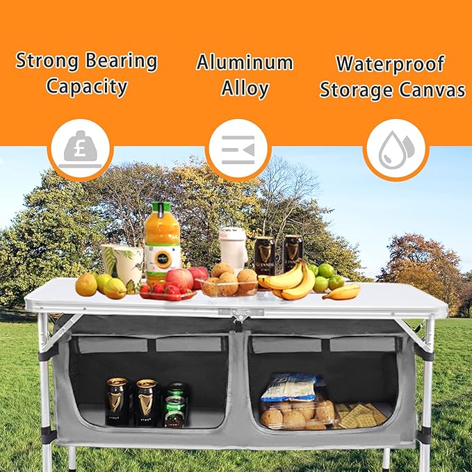 CampLand Outdoor Folding Table Aluminum Lightweight Height Adjustable with Storage Organizer for BBQ Party Camping