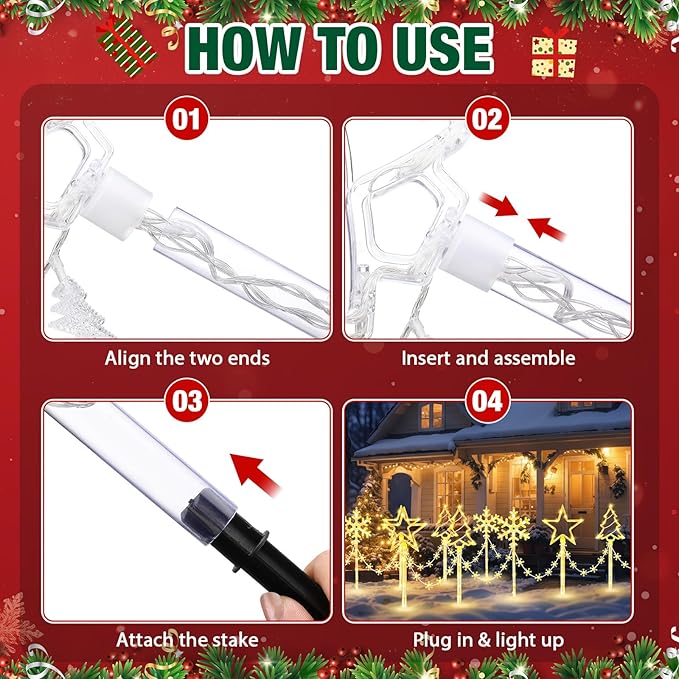 12 Pack Outdoor Snowflake Walkway Lights Plug in Christmas Pathway Lights 8 Modes Xmas Waterproof LED Garden Stake Light for Walkway Porch Yard Lawn(Warm White)