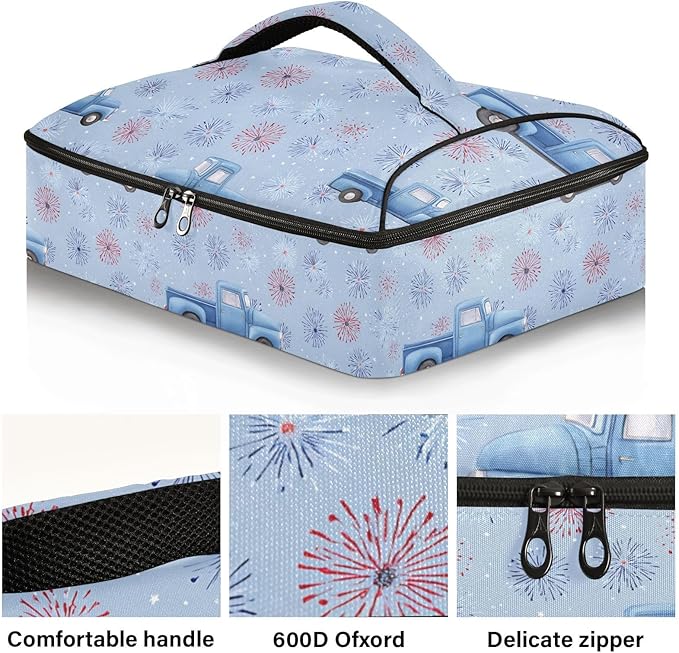 Casserole Carrier Blue TruckInsulated Casserole Carrier for Hot or Cold Food Thermal Lunch Tote for Potluck Parties Picnic Beach Fits 9 x 13 Inches Baking Dish