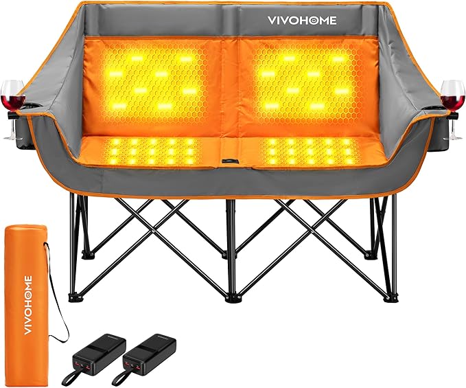 VIVOHOME 45W Padded Heating Double Camping Chair with 2 x 27000mAh Power Bank Heated Oversized Portable Loveseat for Outdoor Sports 3 Levels of Heat Overheat Protection System Orange and Gray
