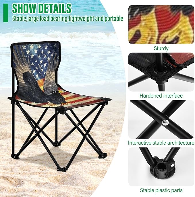 4th of July Independence Day Black Bird Compact Beach Chairs for Adults Lightweight Collapsible Chair Carry Bag Included Ice Fishing Chairs for Adults for Camp Concert