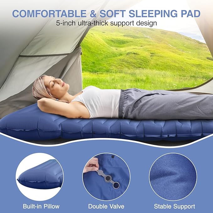 Sleeping Pad for Camping 5 Extra-Thick Camping Mat with Pillow Built-in Foot Pump Ultralight Inflatable Sleeping Mat for Camping Backpacking Hiking Camp Tent
