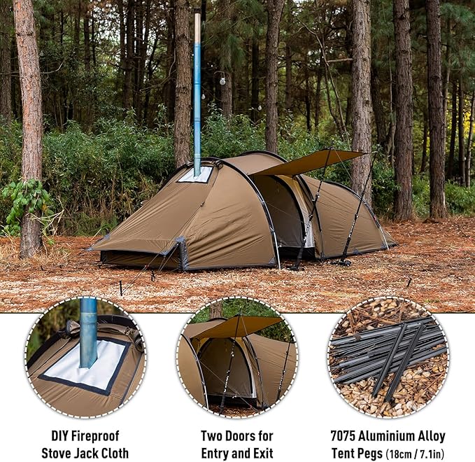 POMOLY Tunnel Tent for 1-2P Camping Locomotive 2 Chimney Tent for 4 Season Hiking Backpacking Hunting (Without a Ground Sheet)