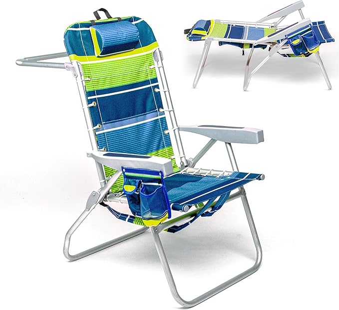 Homevative Backpack Fold-Up Beach Chair 5 Positions Towel bar Cooler Storage Pouch Cup Holder and Phone Pocket