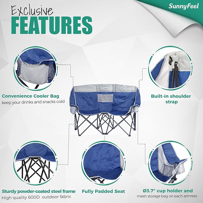 SunnyFeel Double Camping Loveseat Chair Blue-Cooler Foldable Portable Space Saving Side Pocket Cup Holders