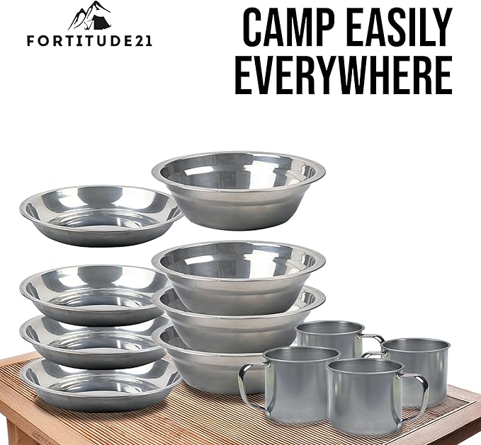 Stainless Steel Camping Mess Kit - Person's Complete Picnic &amp Camp Dish Set Includes Plate Bowl Cup &amp Utensils
