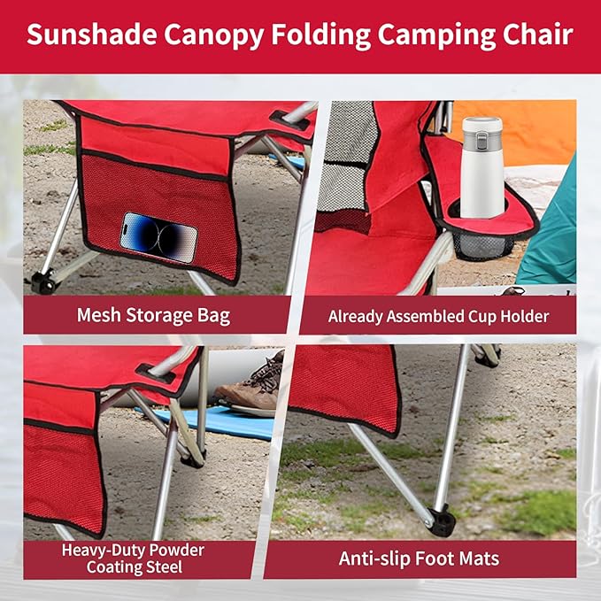 Portable Folding Camping Chair - Lightweight Durable Outdoor Chair for Camping Fishing Beach Lawn and More - Comfortable Folding Chairs for Outside Activities (RED)