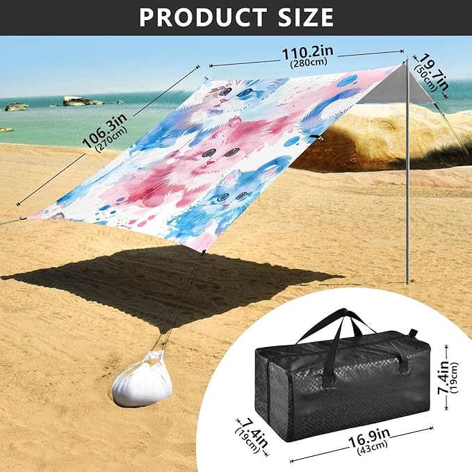 ALAZA Watercolor Cute Cat Kitten Beach Tent Sun Shelter UPF50+ Protection Beach Shade Canopy w/ 4 Sandbags for Outdoor Camping Fishing Backyard Fun Picnic 10x9 ft