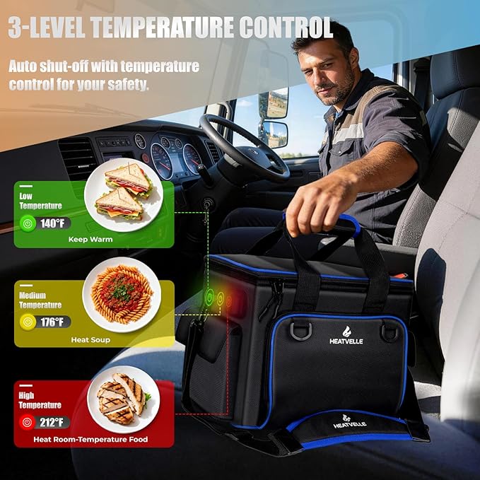 20L Large Heated Lunch Box Insulated Lunch Bag Auto Temp Control Electric Lunch Box for Adults Men 12/24/110V Portable Food Warmer for Truck/Car/Work/Travel Lonchera Eléctrica Portátil