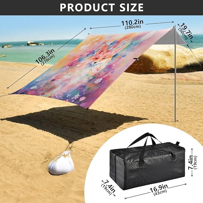 Camping Sun Shelters Watercolor Fox and Flowers Beach Canopy 126 * 110.2in