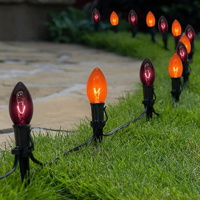 Halloween Pathway Lights Outdoor10 Pack Halloween Party Decor Stake Lights with C9 Clear Black&ampOrange Bulbs19.5Ft Extendable Waterproof Walkway Lights for Yard Porch Lawn Garden