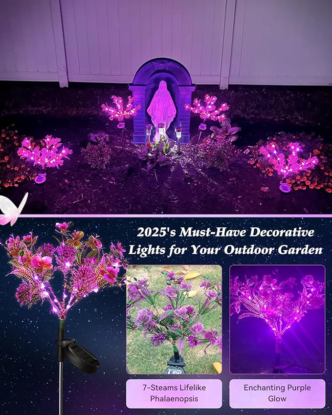 Neporal Solar Garden Lights 6PK Purple Phalaenopsis Solar Flowers Outdoor Waterproof Solar Lights Decorative for GardenYard Decor Outdoor Decor