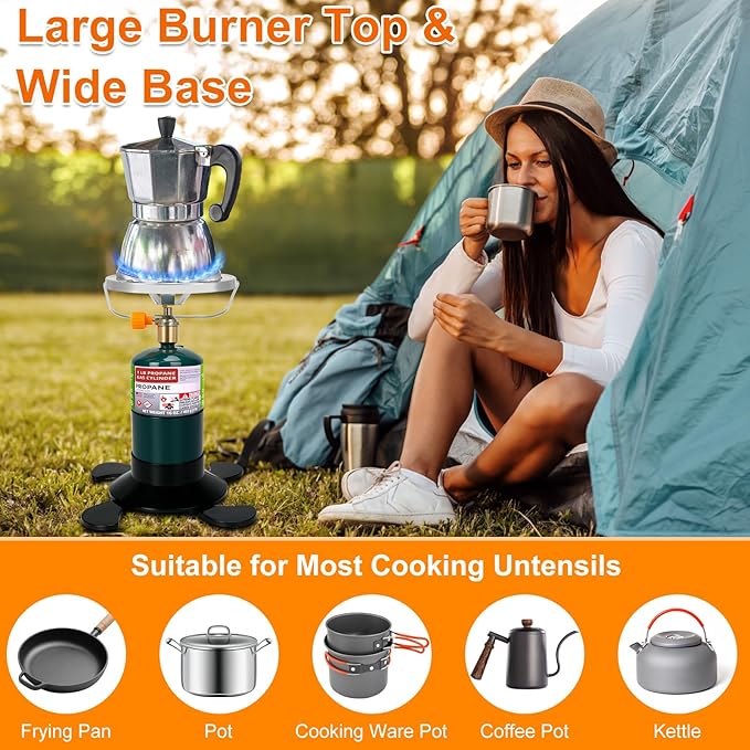 Camping Stove Propane Burner Portable Camp Stove with Foldable Gas Tank Base Adjustable Flame Backpacking Cooker for Camping Small Single Burner Propane Stoves Kit for Hiking Tent Outdoor Cooking